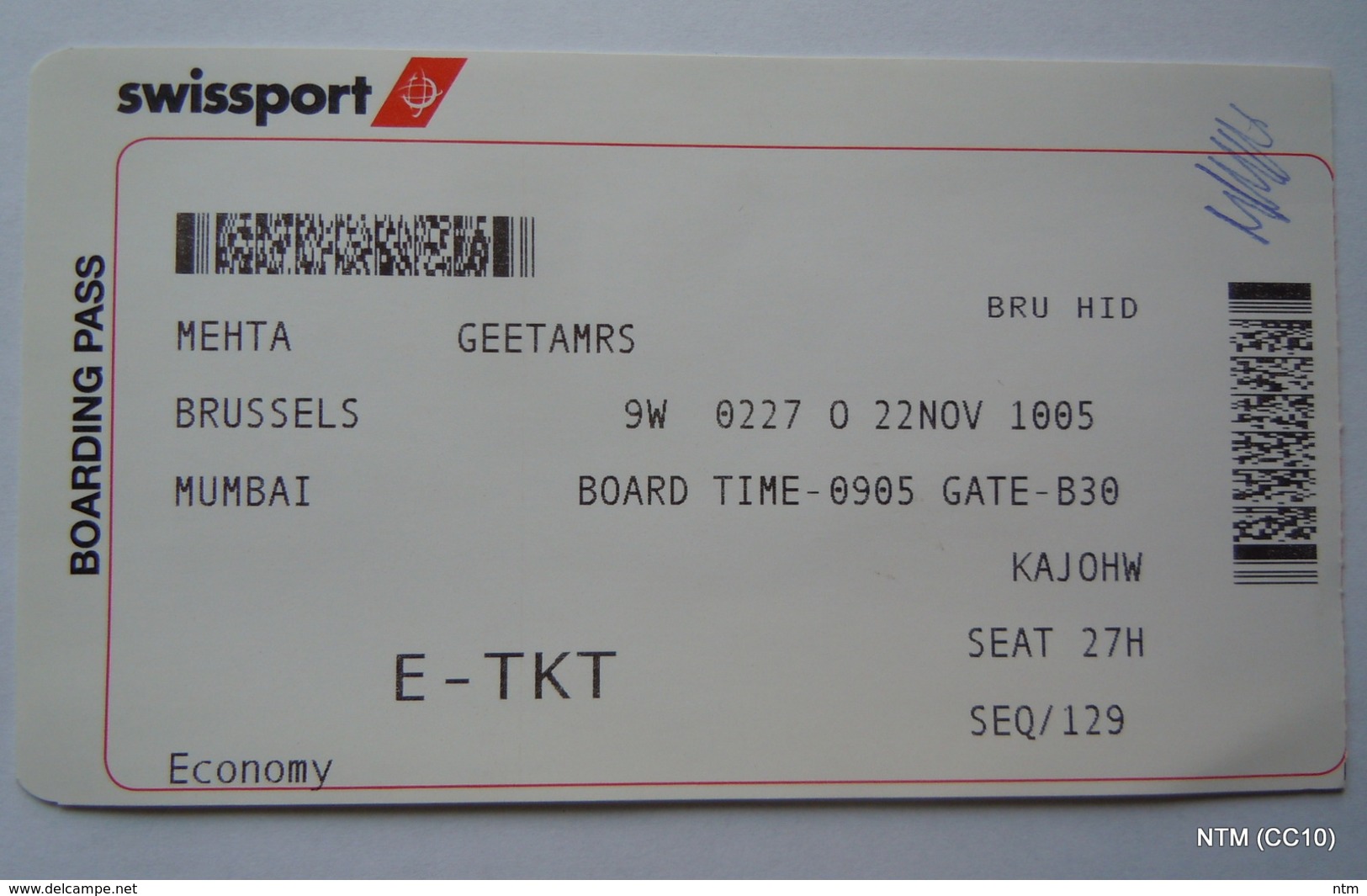 Swiss Air. E-Tkt, Boarding Pass: Flight From Brussels To Mumbai. Used. - Mondo