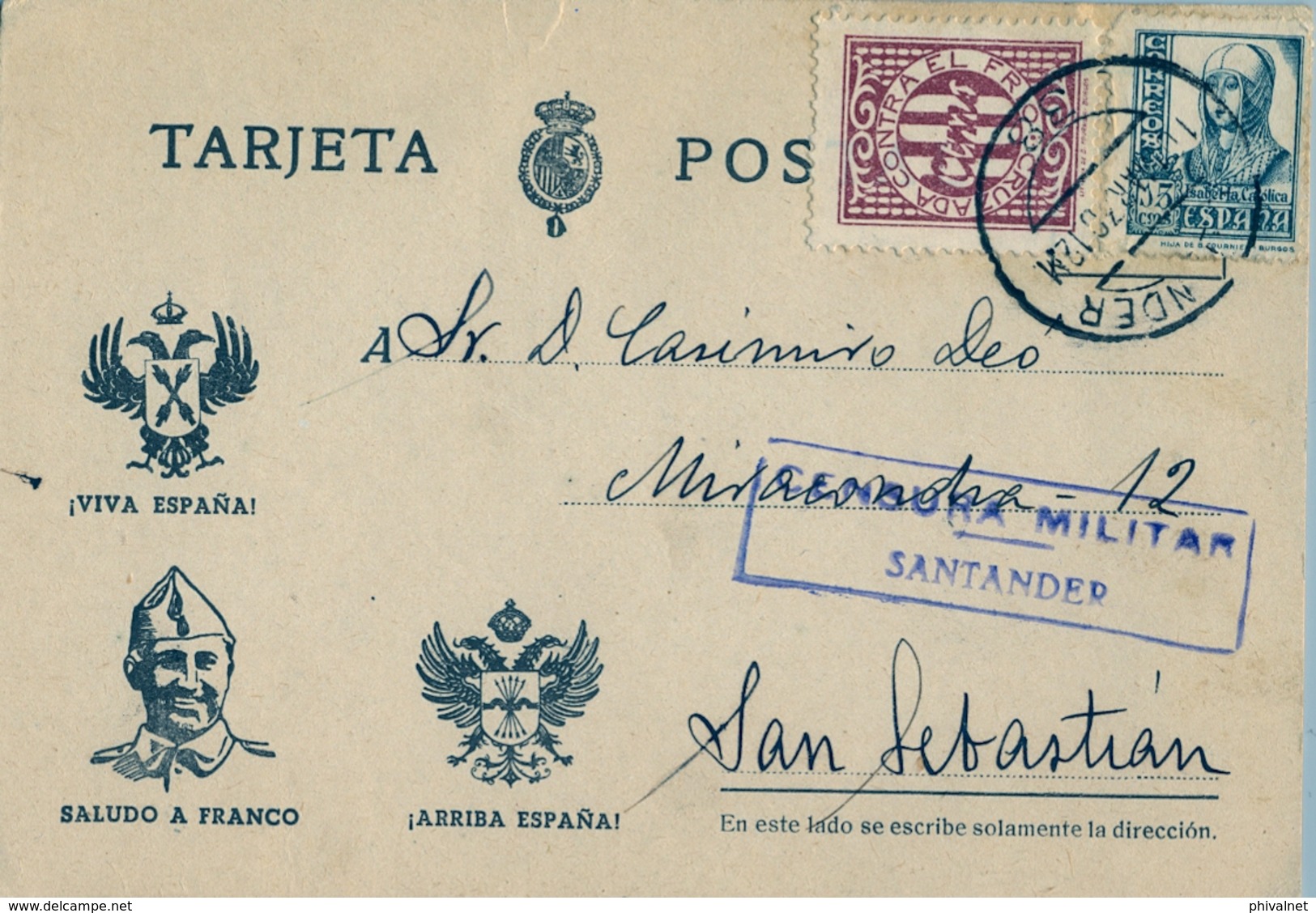 1938 , CANTABRIA , T. POSTAL PATRIÓTICA CIRCULADA ENTRE SANTANDER Y SAN SEBASTIAN , CENSURA MILITAR, CRUZADA - Cartas & Documentos