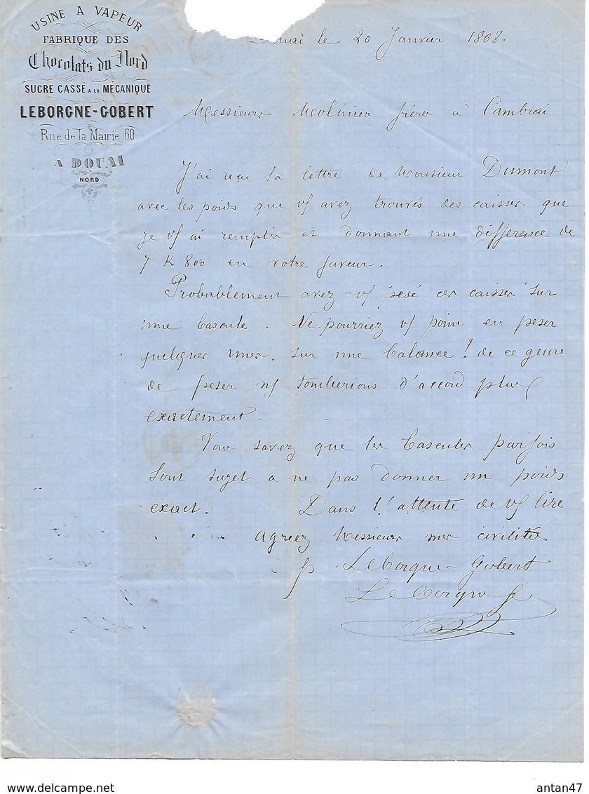 Facture Lettre / 59 NORD / DOUAI / 1868 / LEBORGNE-GOBERT / Chocolats Du Nord / Adressée à Molinier CAMBRAI - 1800 – 1899