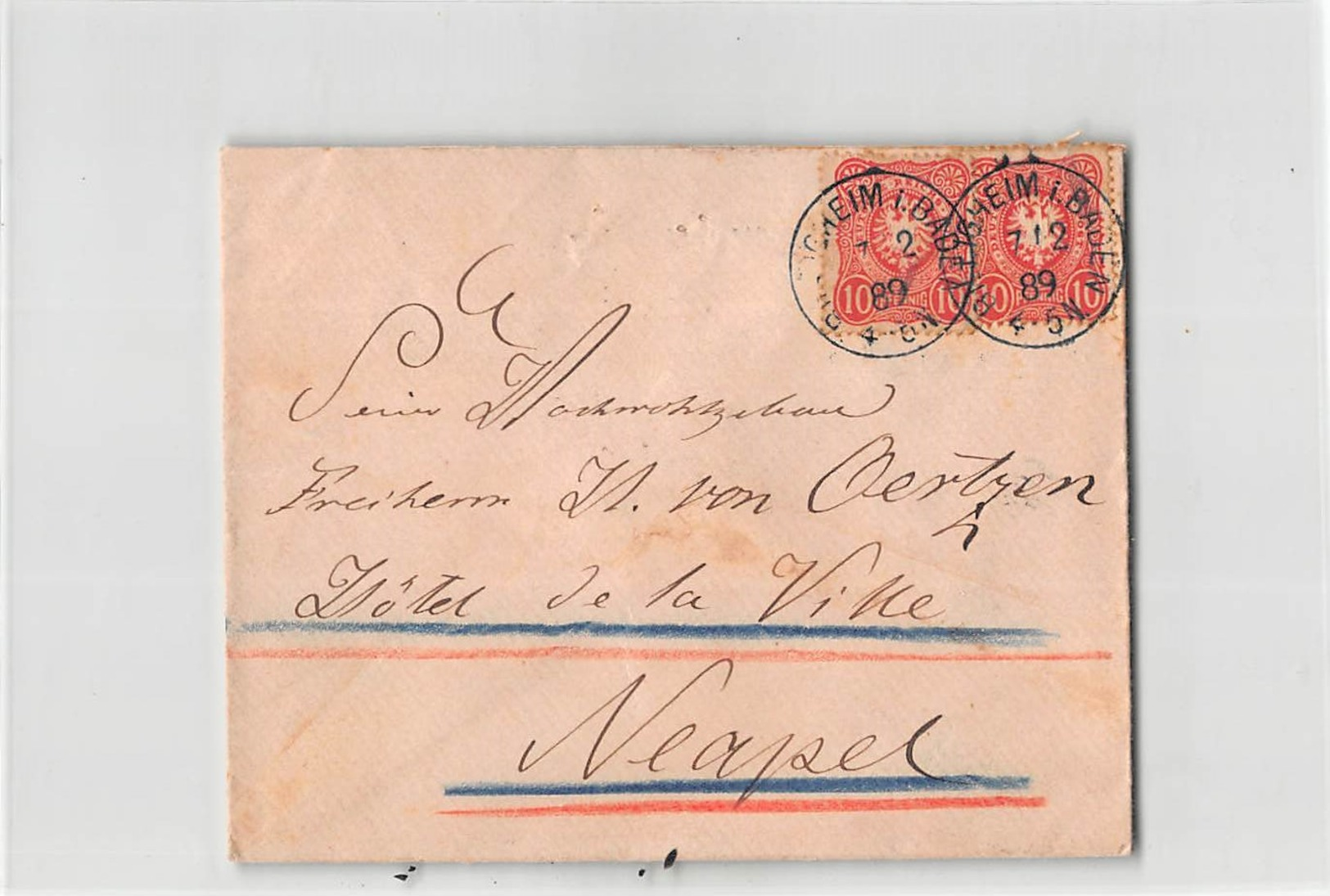 10097 01  BILLIGHEIM I. BADEN TO NAPOLI - 1889 - Storia Postale