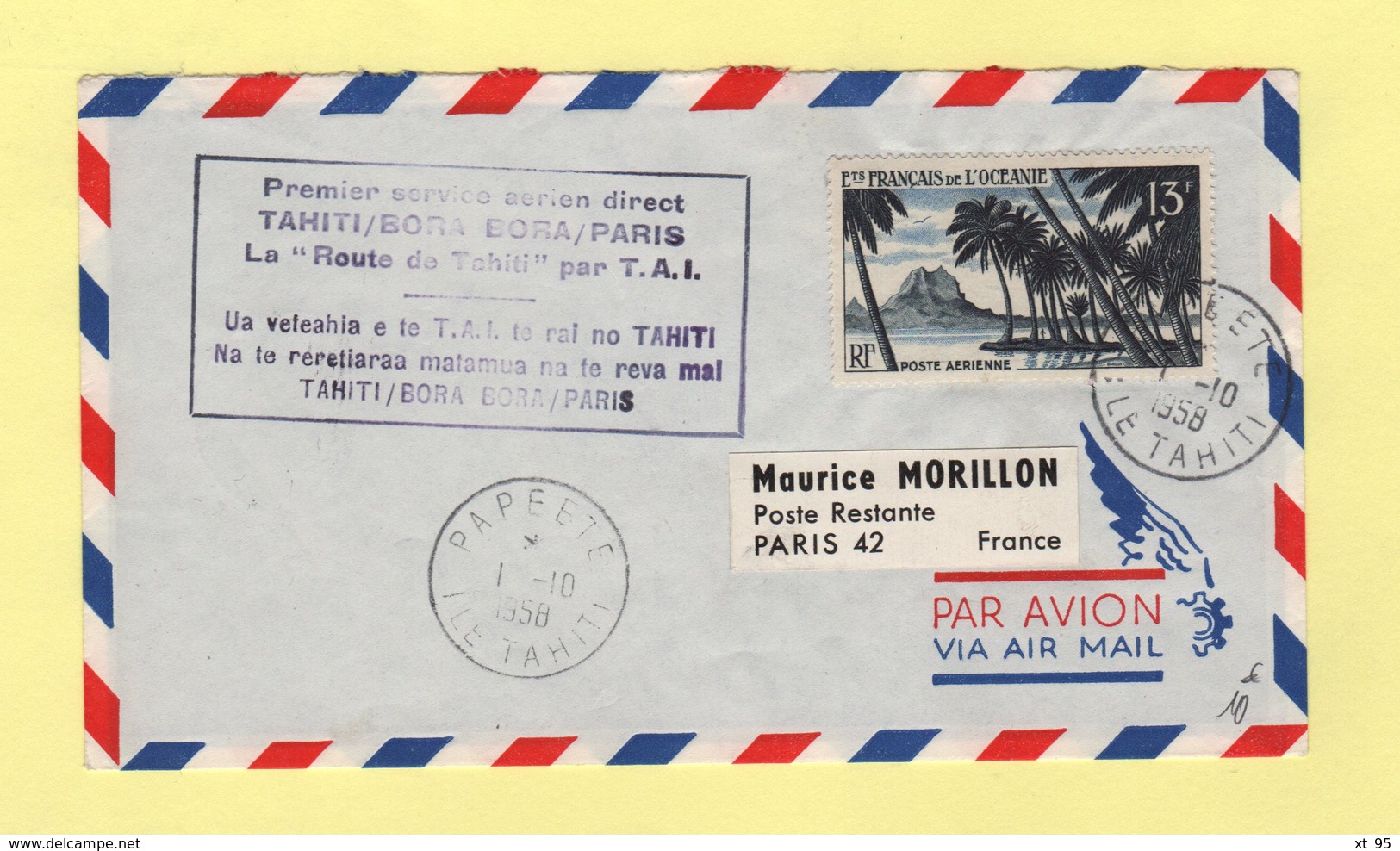 Tahiti - Premier Service Aerien Direct Tahiti Bora Bora Paris Par La Route De Tahiti - 1-10-1958 - Storia Postale