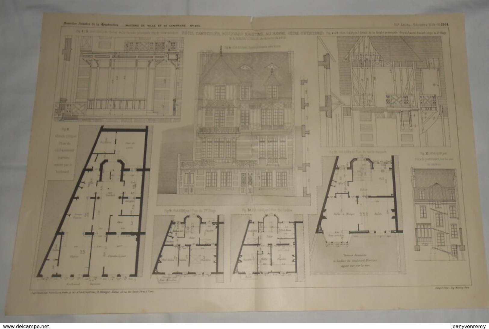 Plan D'un Hôtel Particulier, Boulevard Maritime Au Havre En Seine Inférieure. M. A. Boeswilwald, Architecte. 1910. - Obras Públicas