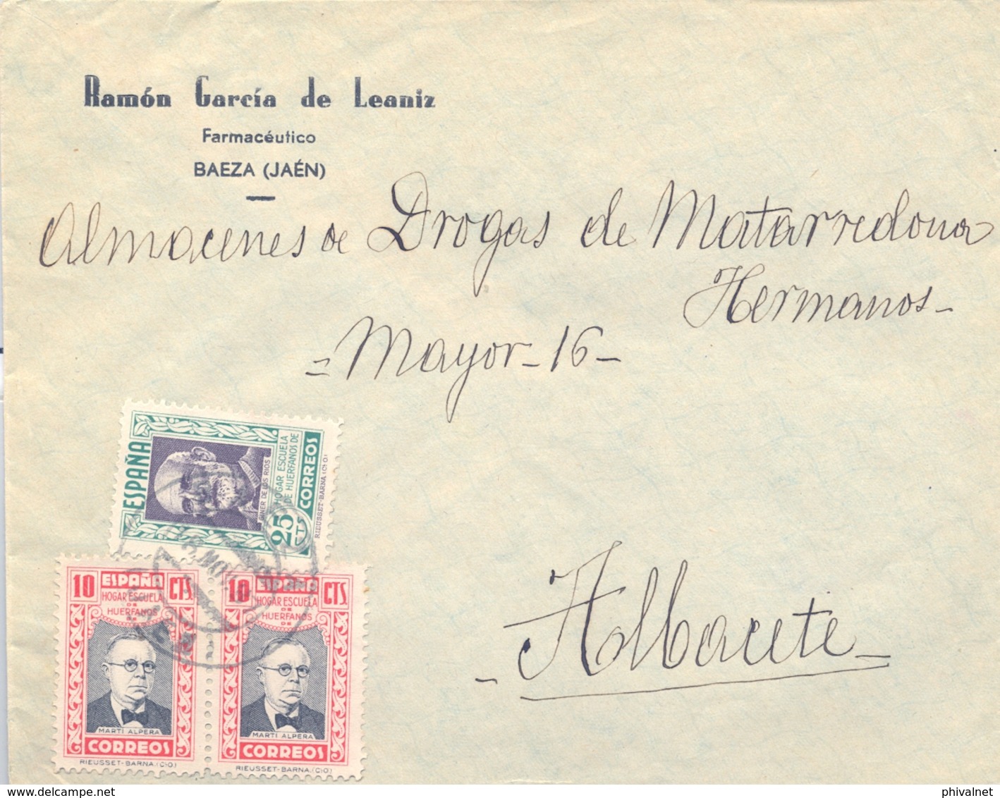 1937 , JAÉN , SOBRE  CIRCULADO ENTRE BAEZA Y ALBACETE , MAGNÍFICO FRANQUEO HUÉRFANOS DE CORREOS - Cartas & Documentos