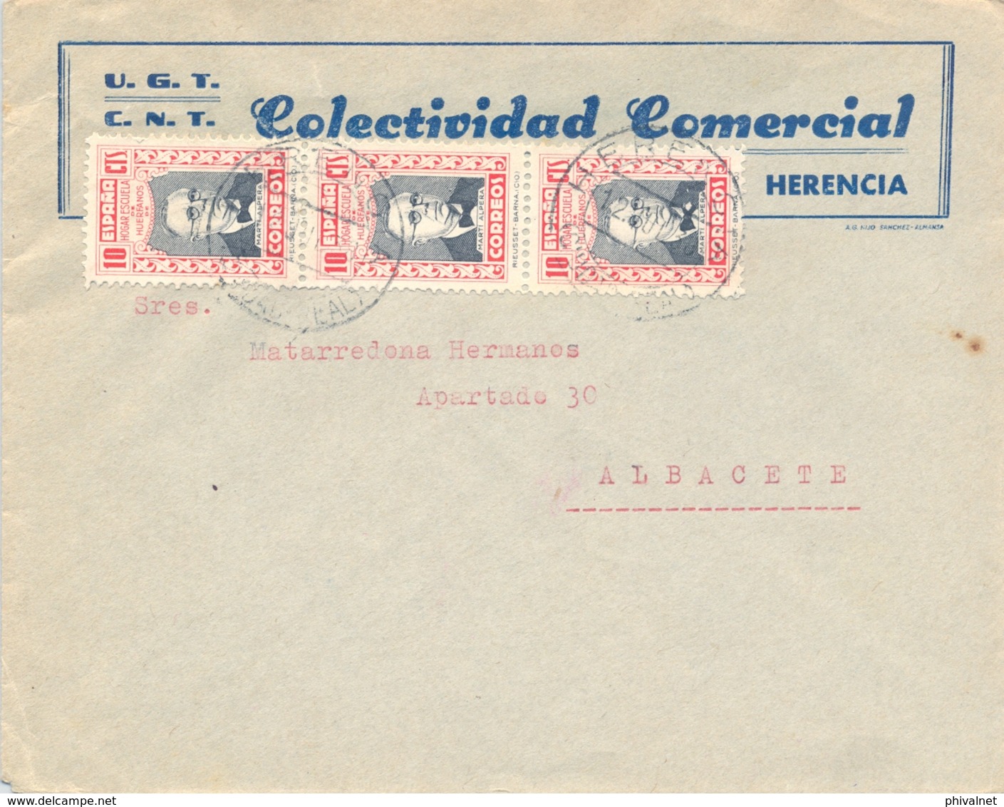 1938 , CIUDAD REAL , HERENCIA - ALBACETE , U.G.T. / C.N.T. COLECTIVIDAD COMERCIAL , SOBRE CIRCULADO - Cartas & Documentos