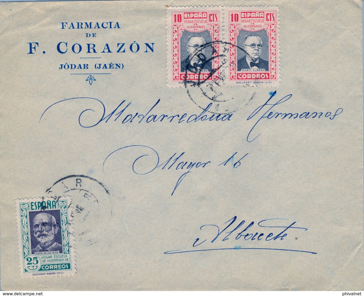 1938 , JAÉN , JÓDAR - ALBACETE , SOBRE CIRCULADO , BONITO FRANQUEO HUÉRFANOS CORREOS - Cartas & Documentos