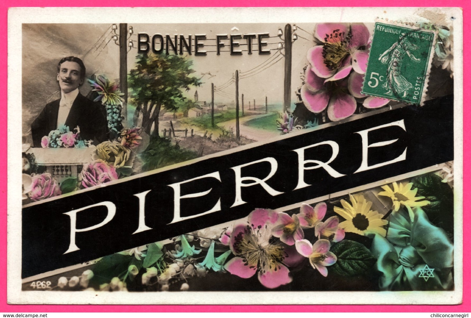 Bonne Fête - Pierre - Prénom - Homme à Moustache Dans Les Fleurs - PC 4262 - Colorisée - Prénoms