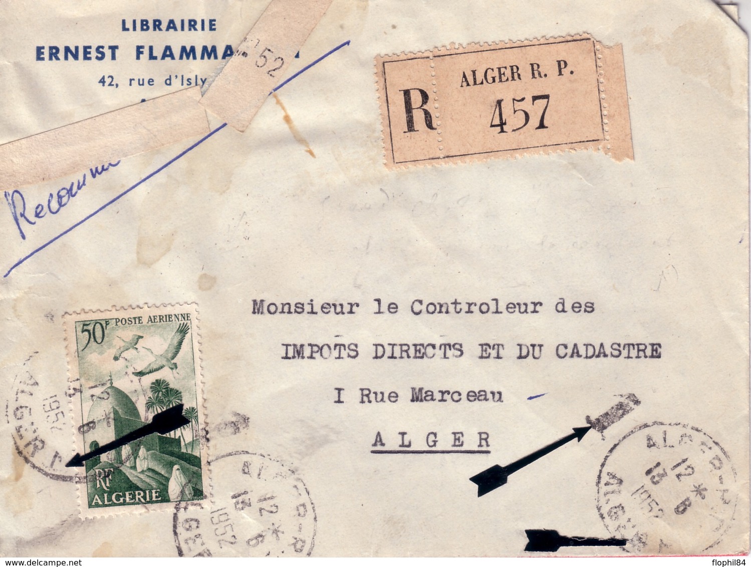 ALGERIE - ALGER - ALGER RP ALGER 1 - LETTRE RECOMMANDEE AVEC CHIFFRE 1 - LE 13-8-1952. - Other & Unclassified