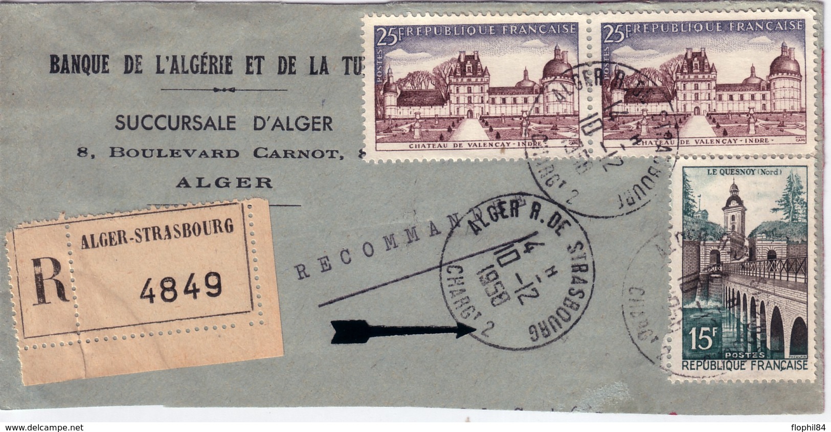 ALGERIE - ALGER - R.DE STRASBOURG - CHARGt 2 - FRAGMENT DE LETTRE RECOMMANDEE CHARGEE - 10-12-1958. - Other & Unclassified