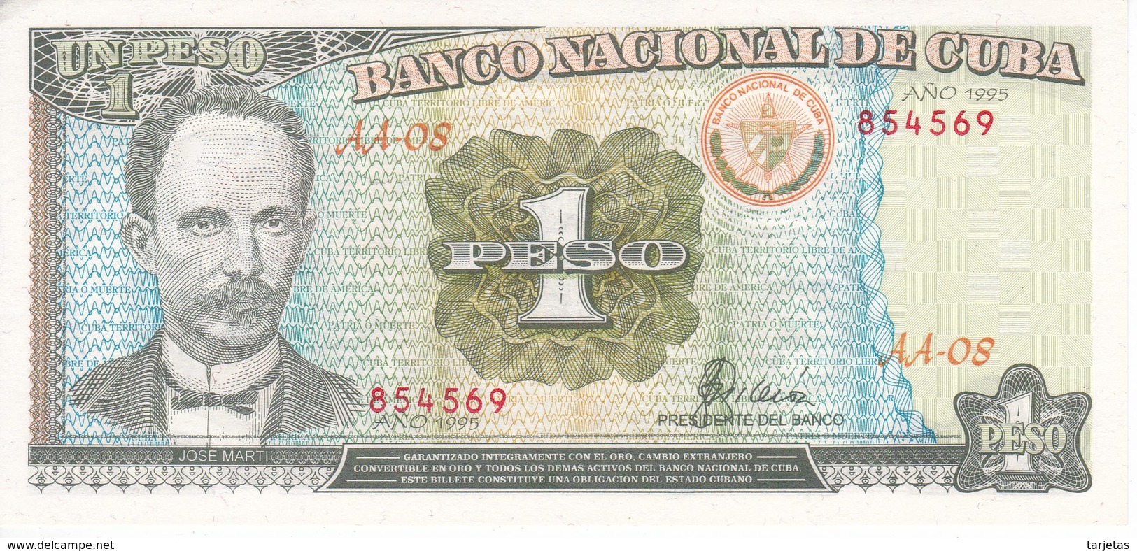 BILLETE DE CUBA DE 1 PESO DEL AÑO 1995 DE JOSE MARTI (BANKNOTE) SIN CIRCULAR-UNCIRCULATED - Cuba