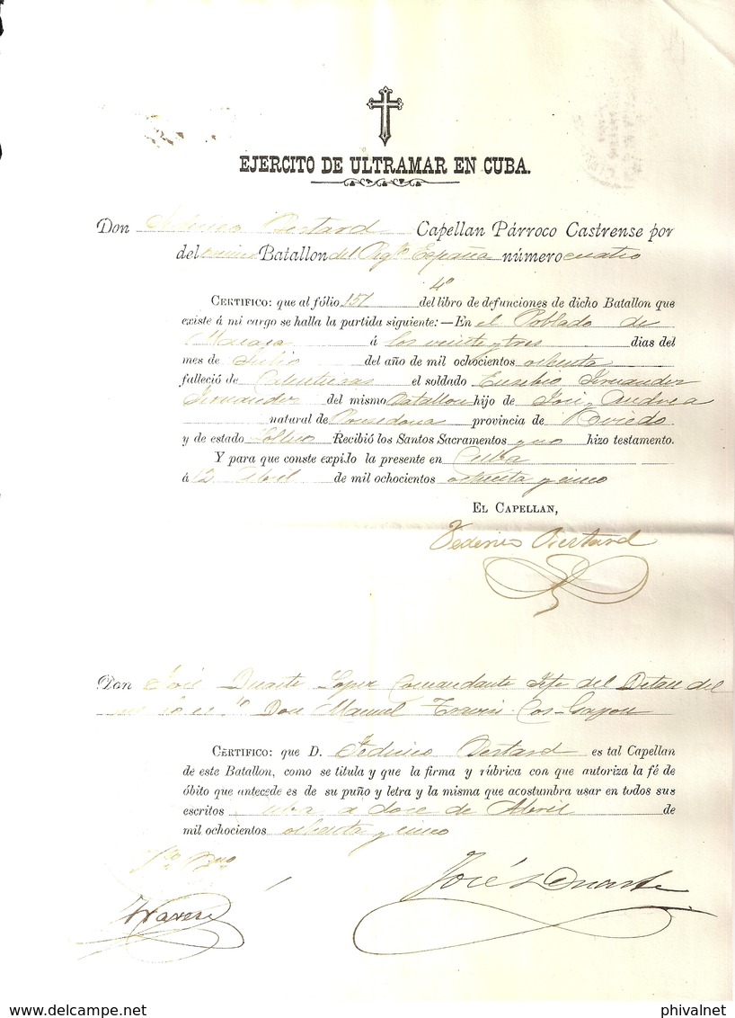 1885 , EJÉRCITO DE ULTRAMAR EN CUBA , PARTIDA DE DEFUNCIÓN DE SOLDADO ESPAÑOL EN LA ISLA - Documentos Históricos