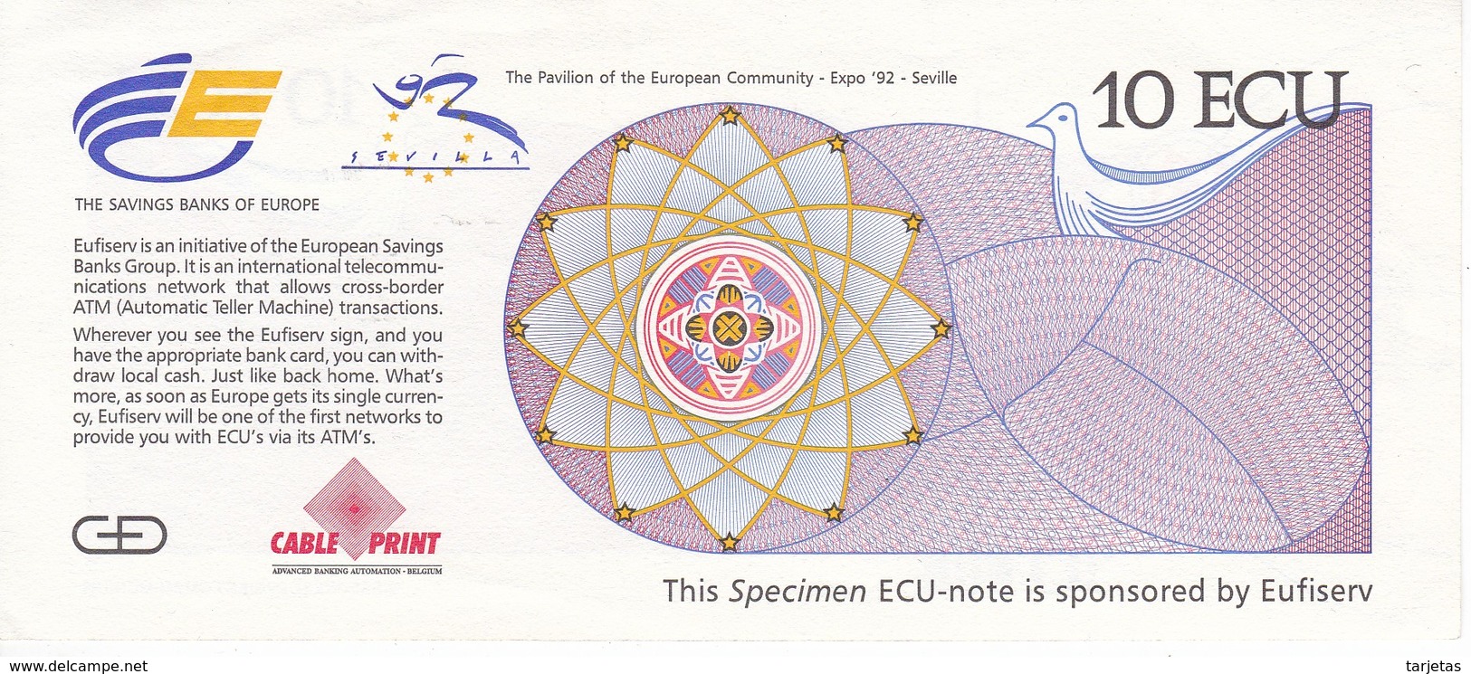 BILLETE DE ESPAÑA DE 10 ECU, ESPECIMEN DE LA EXPO'92 DE SEVILLA - [ 8] Vals En Specimen