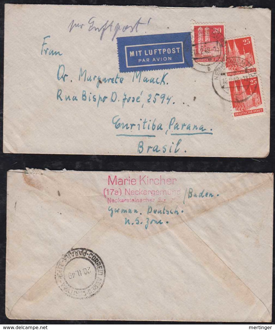 Bizone 1949 Luftpost Airmail Brief 1x 30Pf + 2x 25Pf Bauten NECKARGEMÜND Nach CURITIBA Brasilien - Sonstige & Ohne Zuordnung