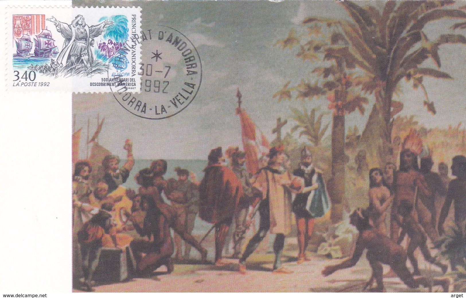 Carte-Maximum ANDORRE Fse N° Yvert 417 (CHRISTOPHE COLOMB) Obl Sp 1992 (Débarquement Sur L'île De Guanahani) - Storia Postale