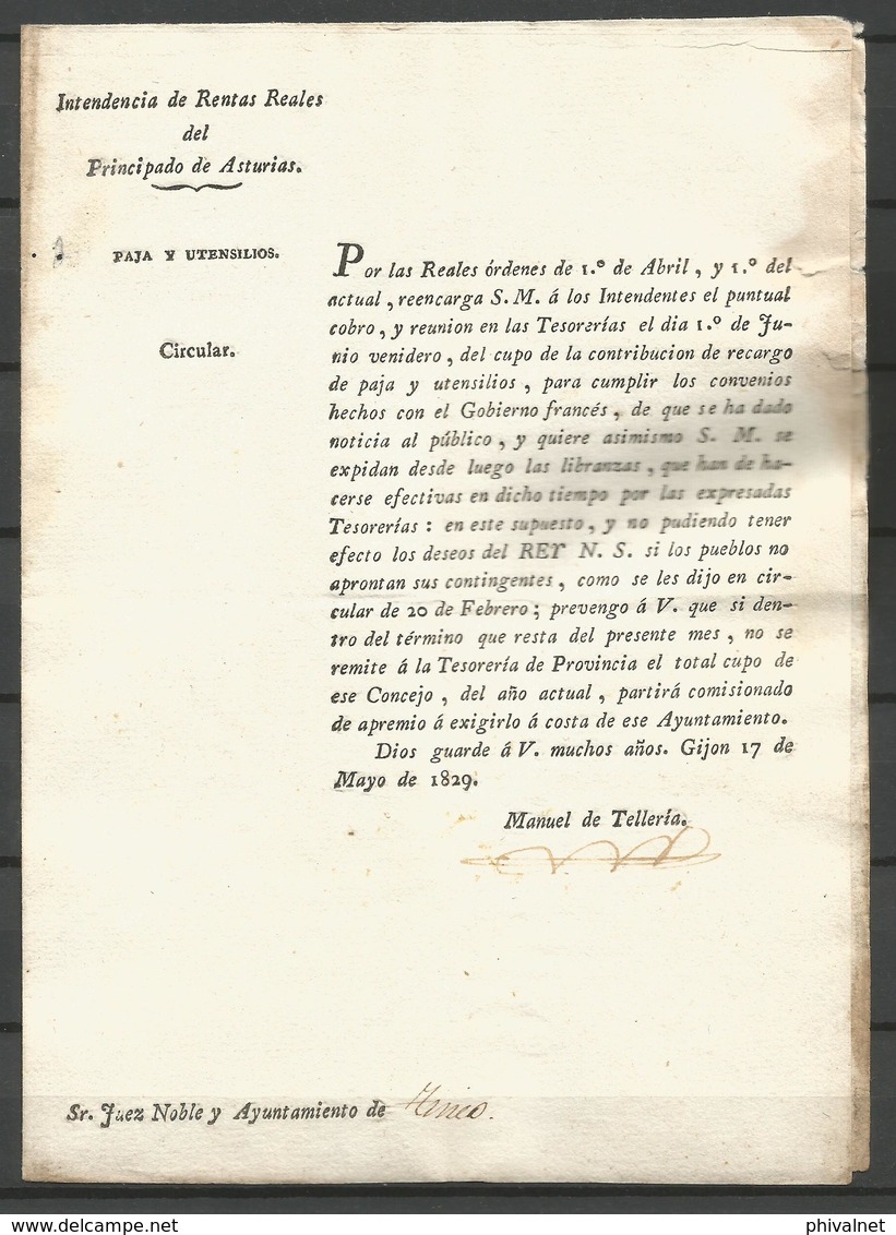 1829 , PRINCIPADO DE ASTURIAS, INTENDENCIA DE RENTAS REALES , CIRCULAR - PAJA Y UTENSILIOS - Documentos Históricos