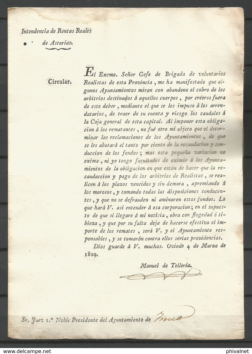 1829 , PRINCIPADO DE ASTURIAS, INTENDENCIA DE RENTAS REALES , CIRCULAR - VOLUNTARIOS REALISTAS - Documentos Históricos