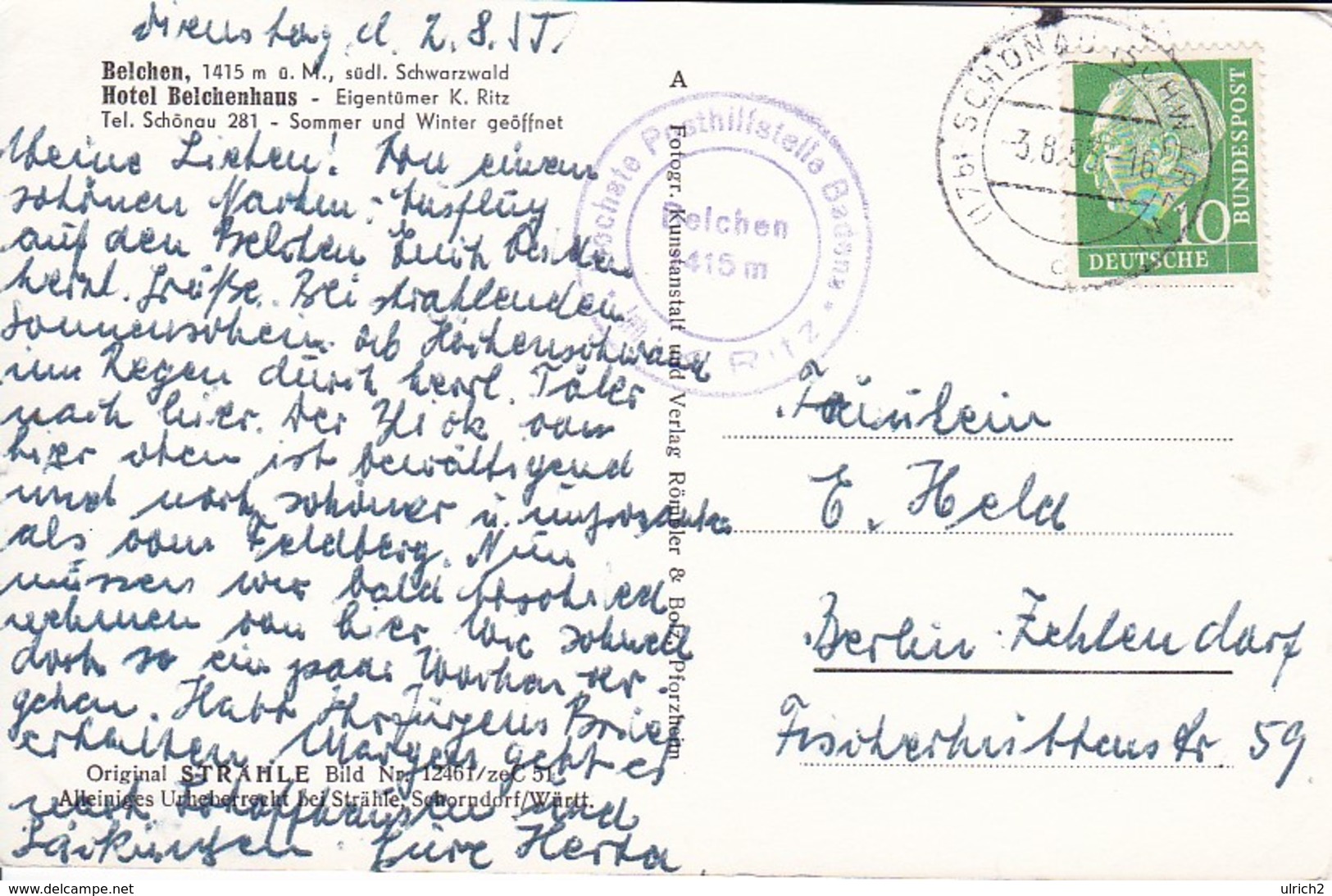 AK Belchen - Südl. Schwarzwald - Hotel Belchenhaus - Stempel Höchste Posthilfsstelle Badens - 1955 (35050) - Münstertal