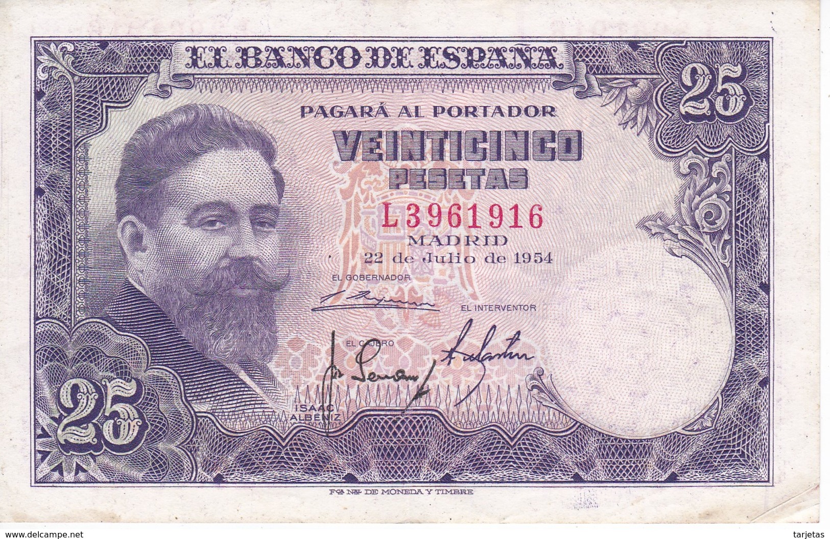 BILLETE DE ESPAÑA DE 25 PTAS DEL AÑO 1954 SERIE L EN CALIDAD MBC (VF)(BANKNOTE) - 25 Pesetas