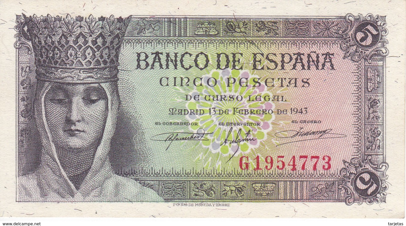 BILLETE DE ESPAÑA DE 5 PTAS DEL 13/02/1943 SERIE G ISABEL CATOLICA SIN SIRCULAR (BANKNOTE) UNCIRCULATED - 5 Peseten