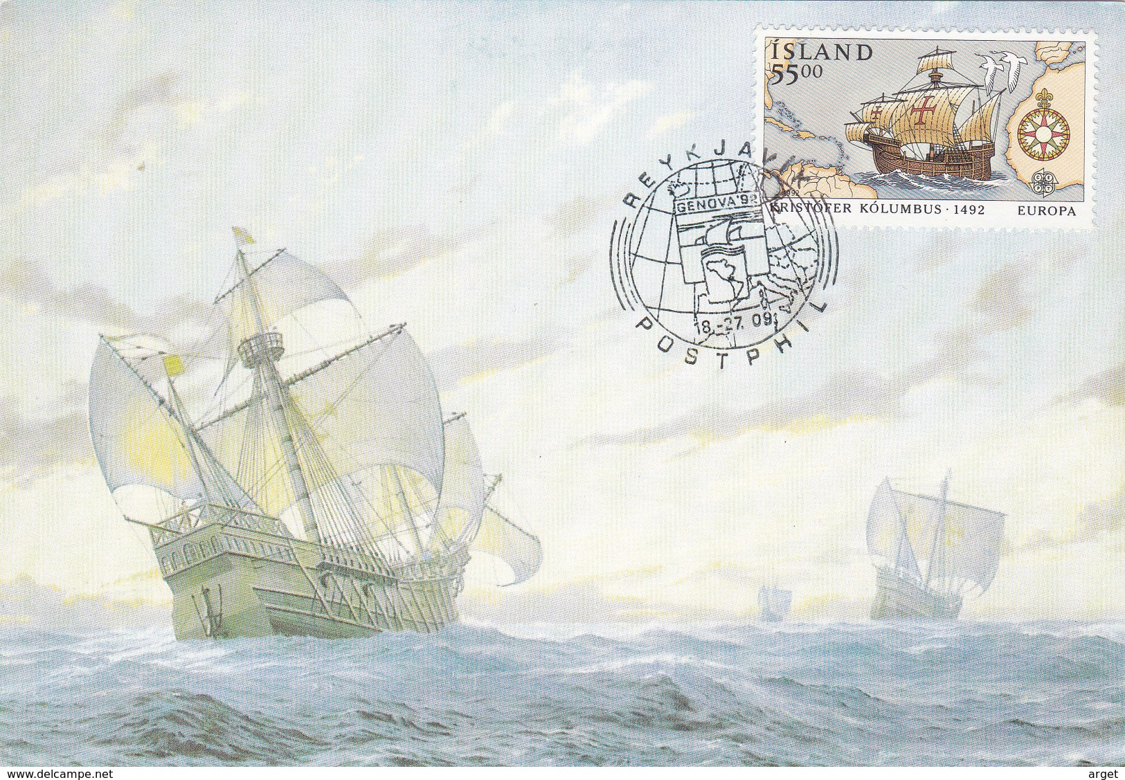 Carte-Maximum ISLANDE N° Yvert 716 (CHRISTOPHE COLOMB) Obl Sp Ill 1er Jour (Caravelles) - Cartes-maximum