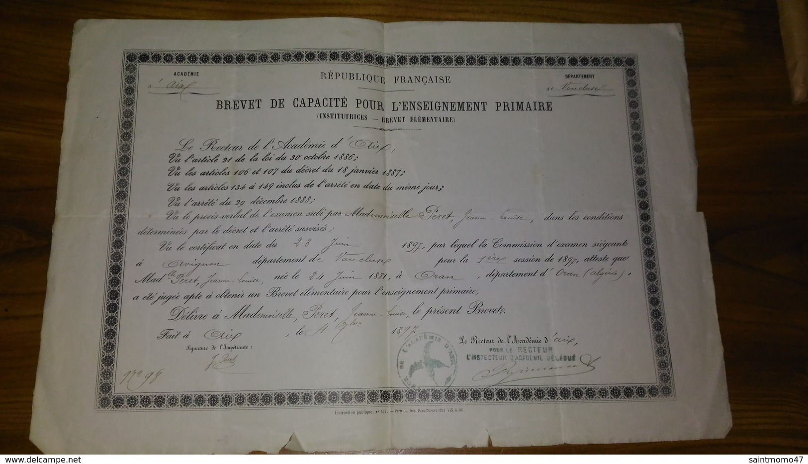 BREVET DE CAPACITÉ POUR L'ENSEIGNEMENT PRIMAIRE . JEANNE PÉRET . ACADÉMIE D'AIX 1897 - Réf. N°93F - - Diplômes & Bulletins Scolaires