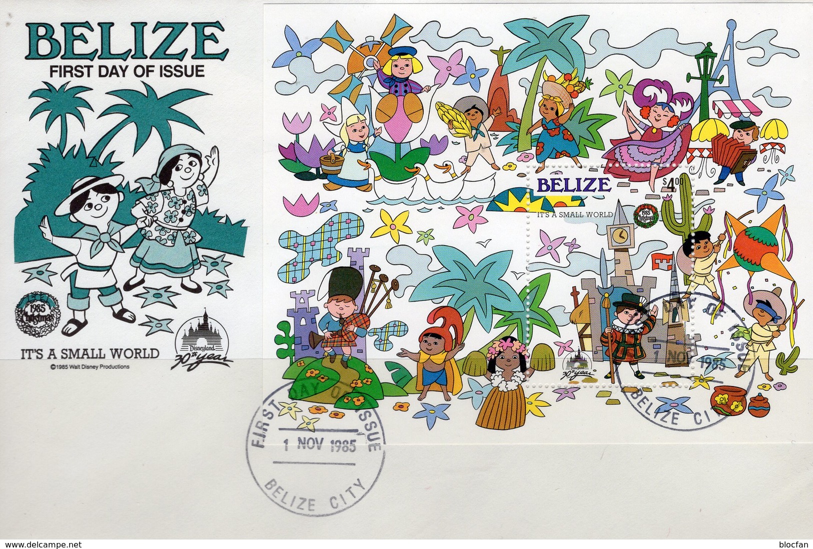 30 Jahre Disneyland 1985 Belize Block 75 FDC 20€ It Small World Paris Bloc Hb Children Ss Art Cover Sheet Bf Disney - Belize (1973-...)