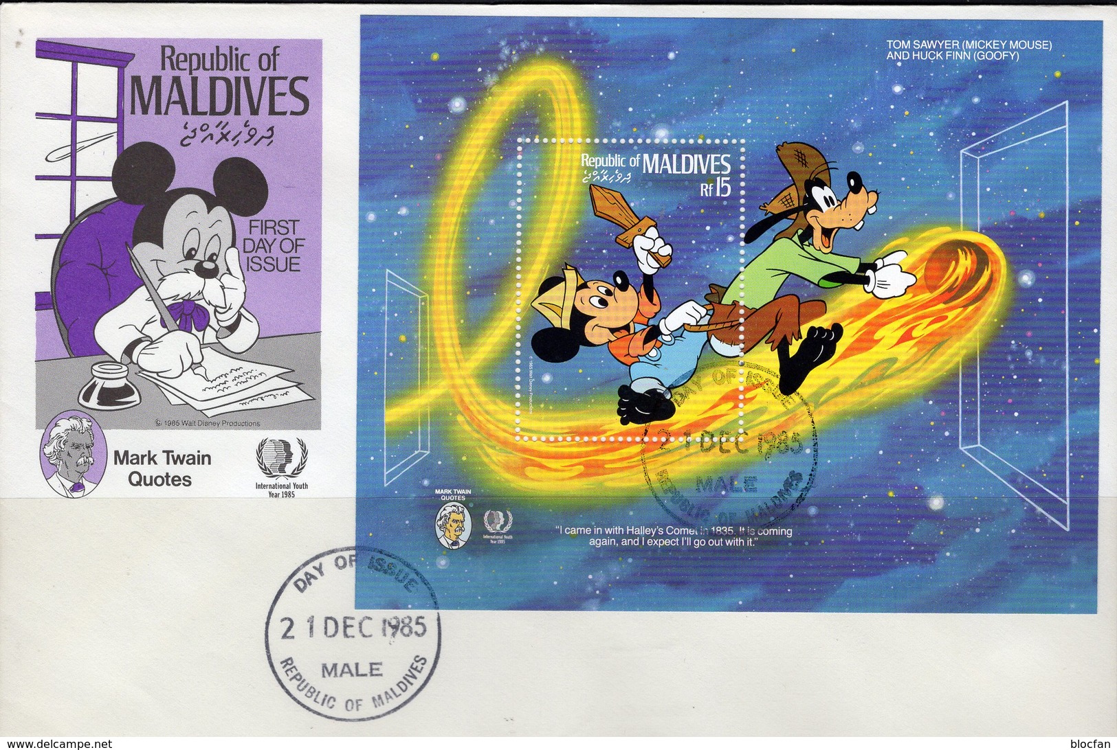 Comet Halley 1985 Malediven Block 114 FDC 16€ Tom Sawyer/Huck Finn Bloc Hb Children S/s Space Cover Sheet Bf Disney - Africa