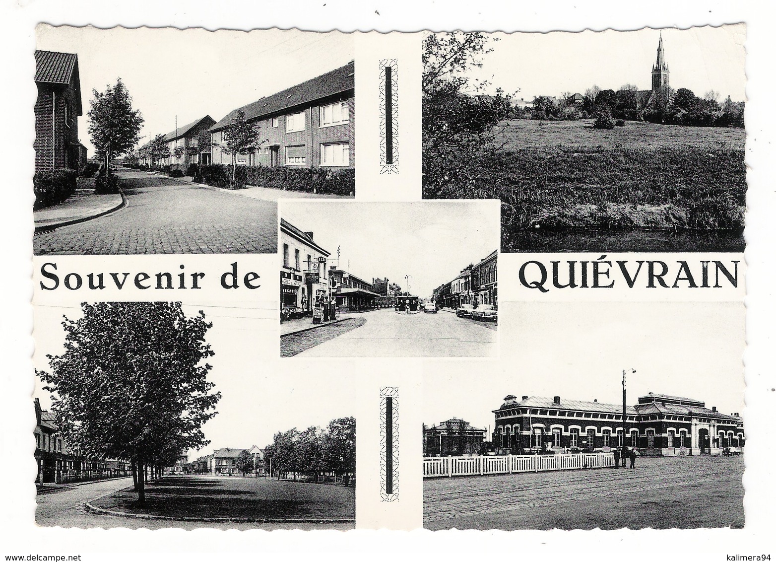 BELGIQUE  /  SOUVENIR  DE  QUIEVRAIN  ( Station-service Au Centre, Avec Pompe à Essence Et Automobiles Années 50 ) - Quievrain