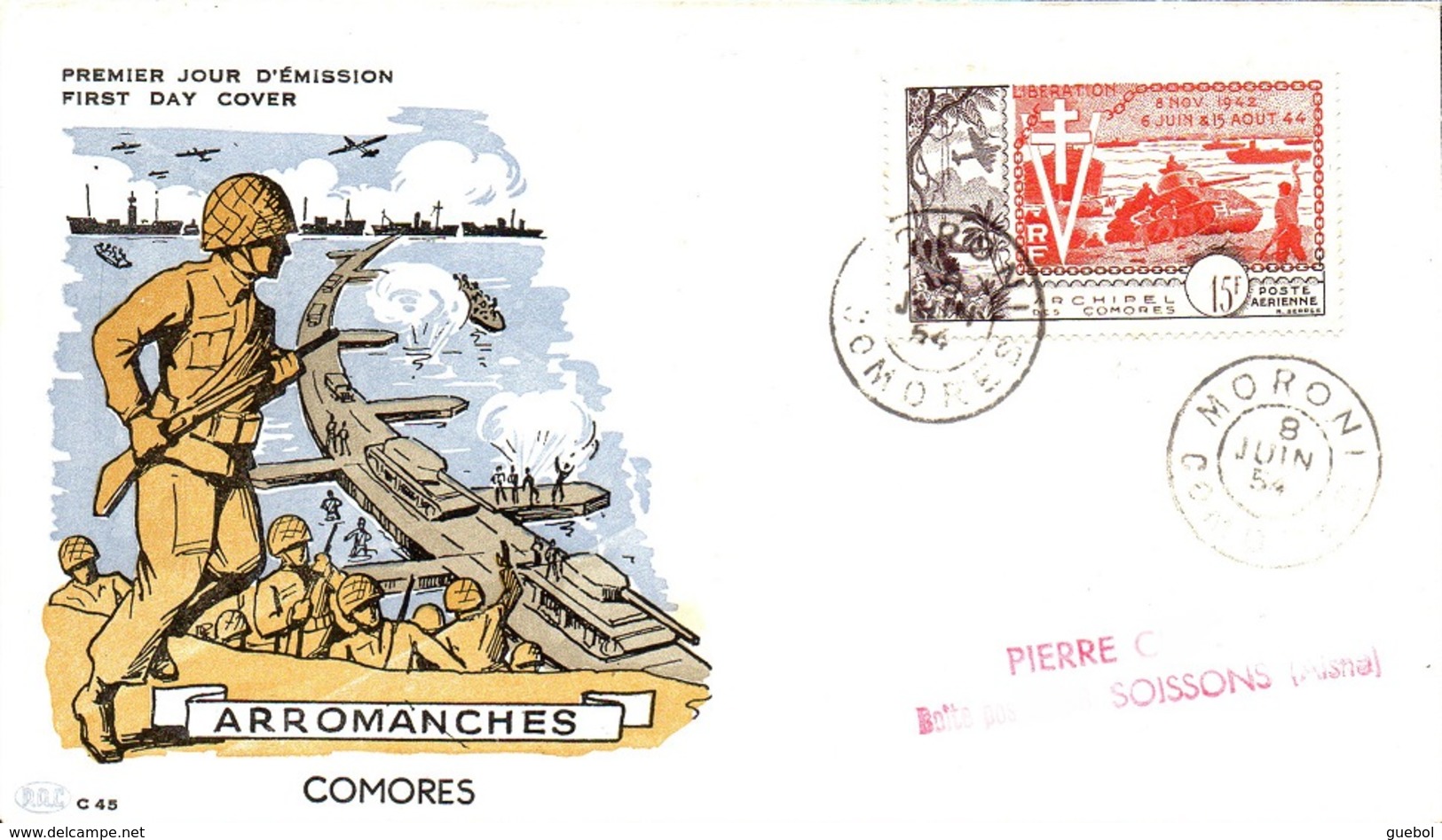 Détail De La Série - Anniversaire De La Libération Obl. Comores N° PA 4 Sur Enveloppe Premier Jour - 1954 10e Anniversaire De La Libération