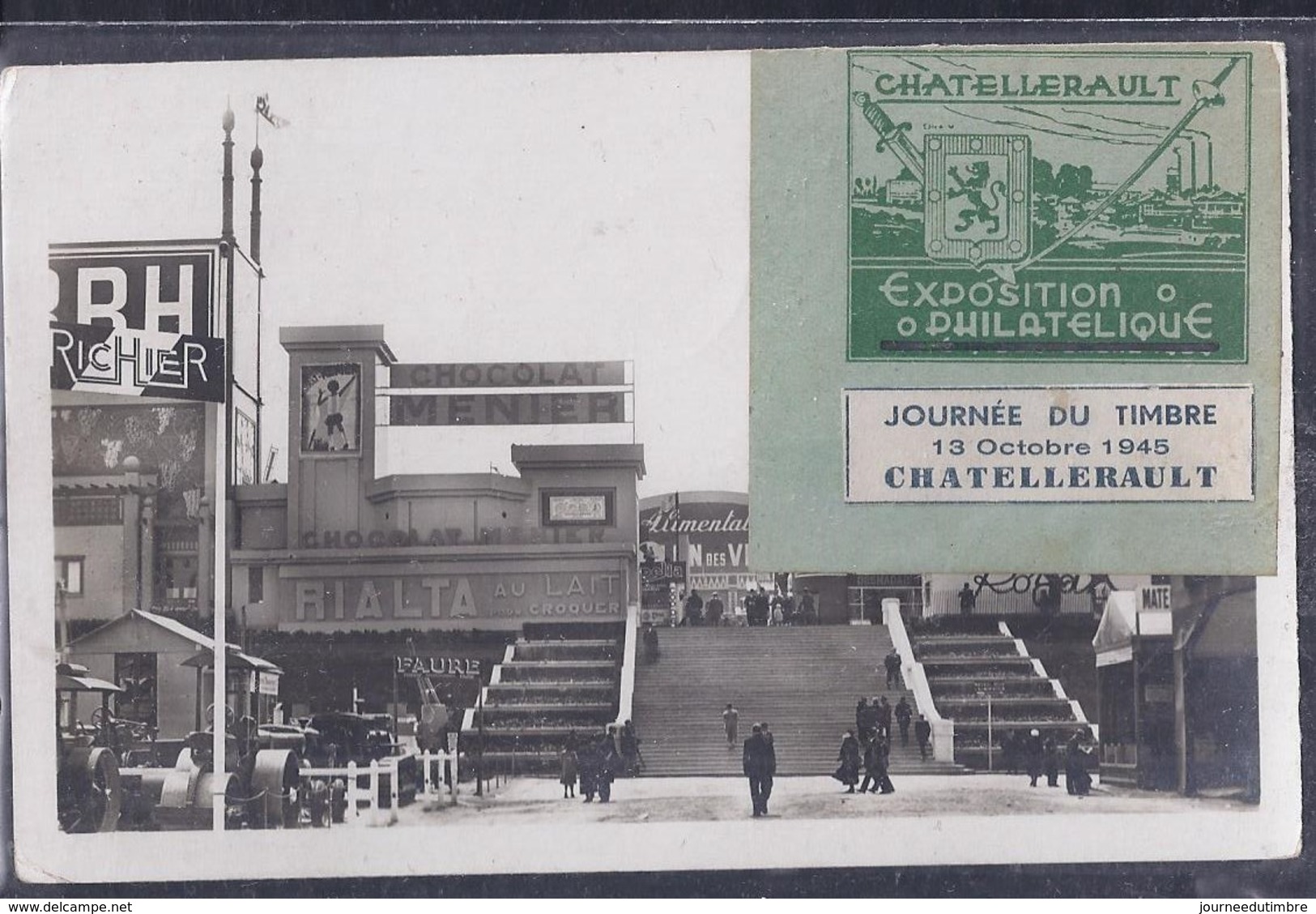 Carte Locale Journee Du Timbre 1945 Chatellerault Avec Vignette Speciale - Expositions Philatéliques