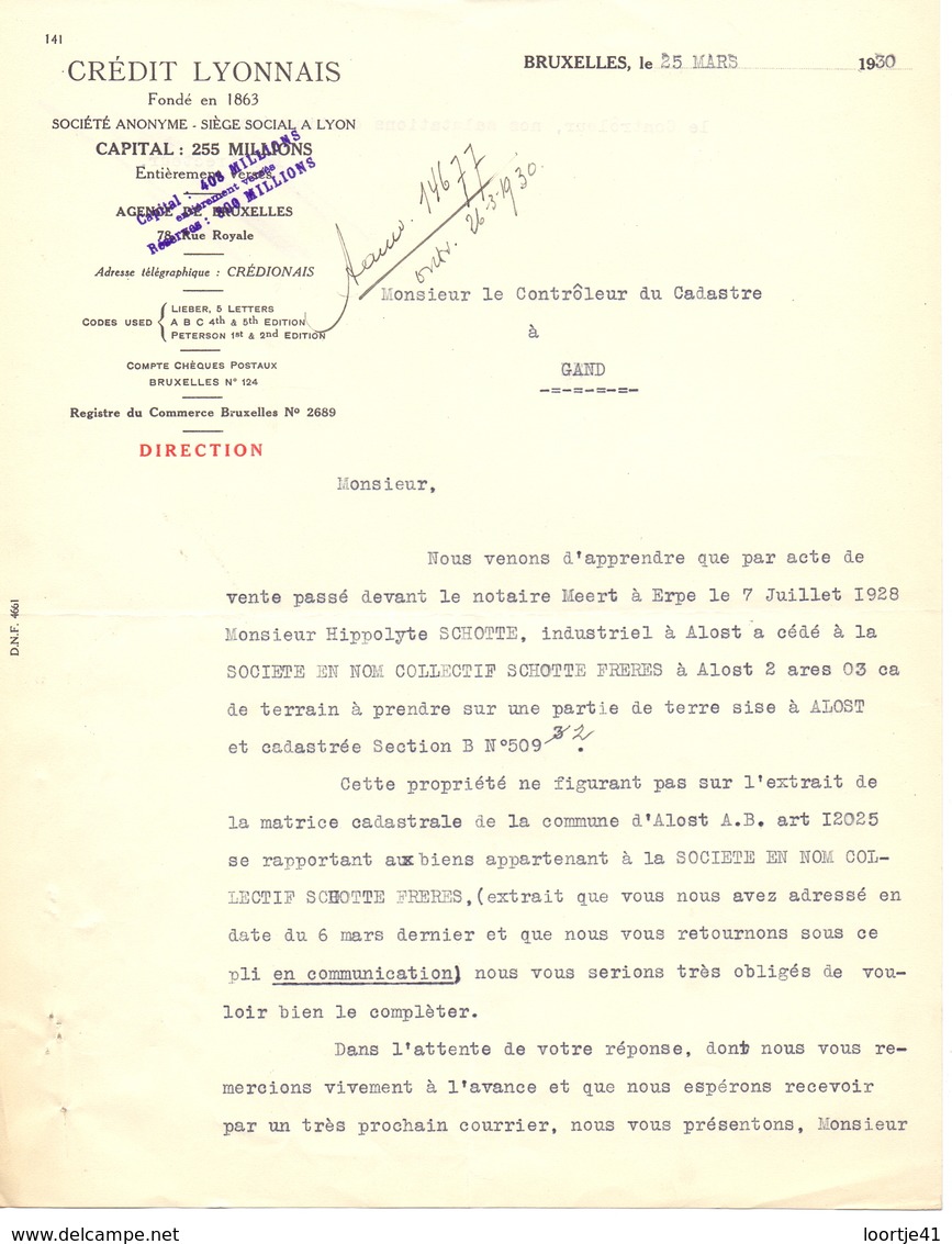 Brief Lettre - Crédit Lyonnais - Bruxelles à Gand Gent - Ivm Eigendom Aalst 1930 - Non Classés