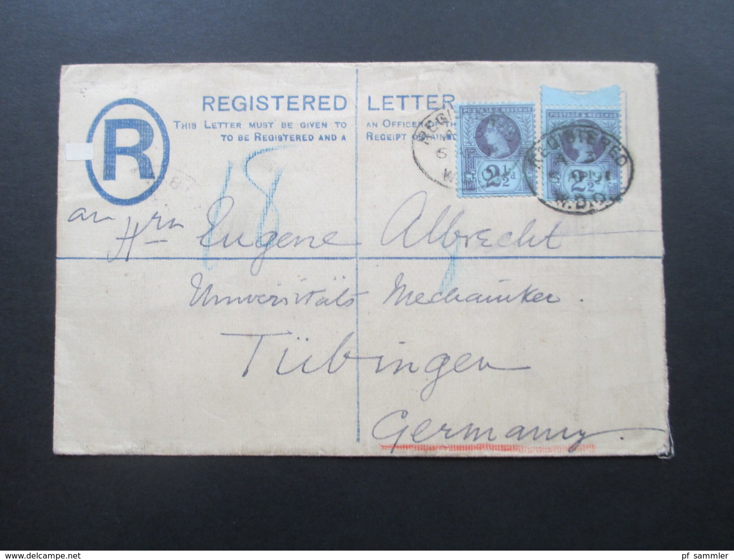 GB 1891 Registered Letter Nr. 89 MeF Oberrand!! Western District Office Nach Tübingen. 5 Stempel - Brieven En Documenten