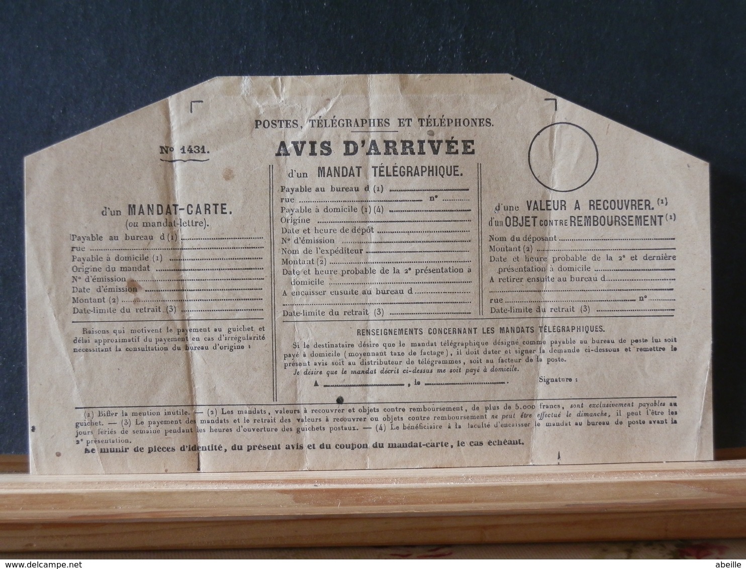 77/549  AVIS D'ARRIVEE D'UN MANDAT TELEGRAPHIQUE  XX - 1877-1920: Semi-moderne Periode