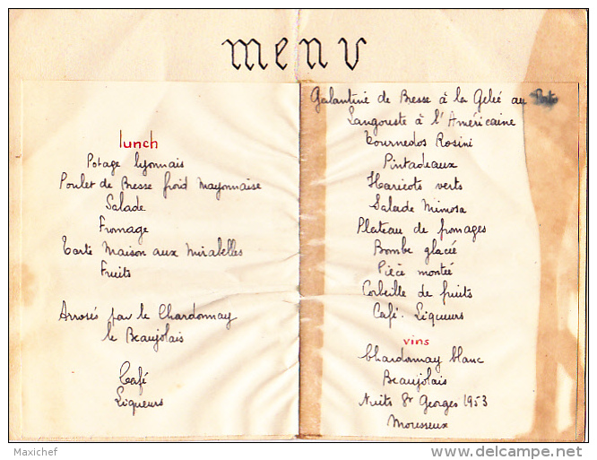 Menu Illustré "Home Made" 110 X 165 Mm - Communion De Georgette Dubreuil à Tournuus (71) 14 Août 1957 (Abbaye) - Menus