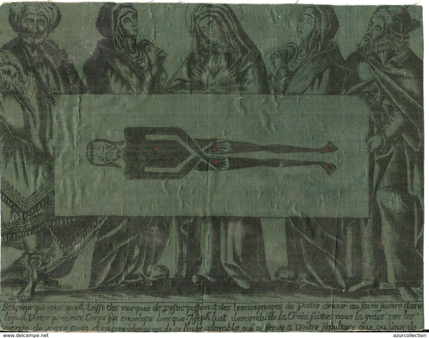 GRAVURE SUR TISSU CONTRE COLLE .PERSONNAGES TENANT LE SAINT SUAIRE - Religion & Esotérisme