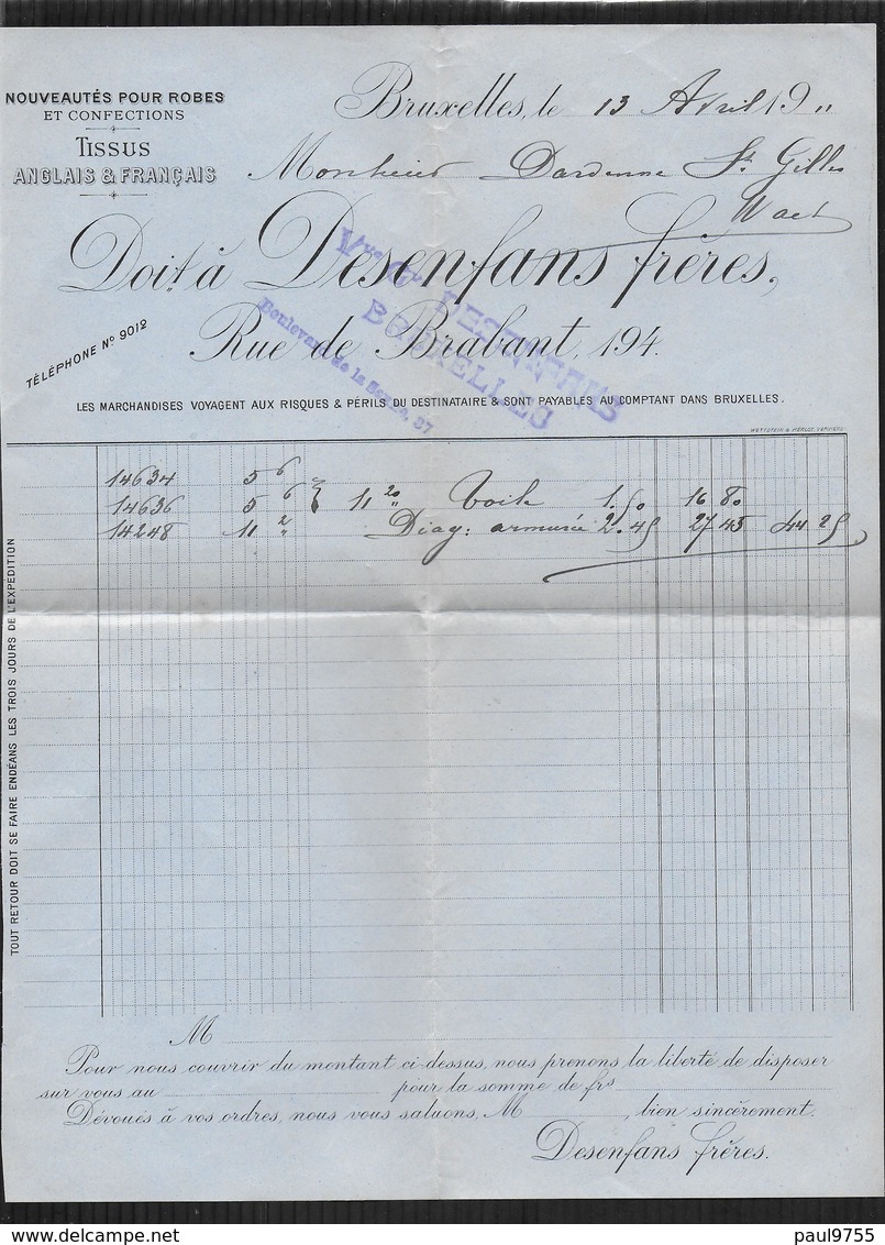 BELGIQUE 1911 FACTURE,MANDAT A ORDRE?RELEVE DE COMPTE ET ENVELOPPE DE " DESENFANS FRERES-BRUXELLES" TISSUS 4 SCANS - Kleidung & Textil