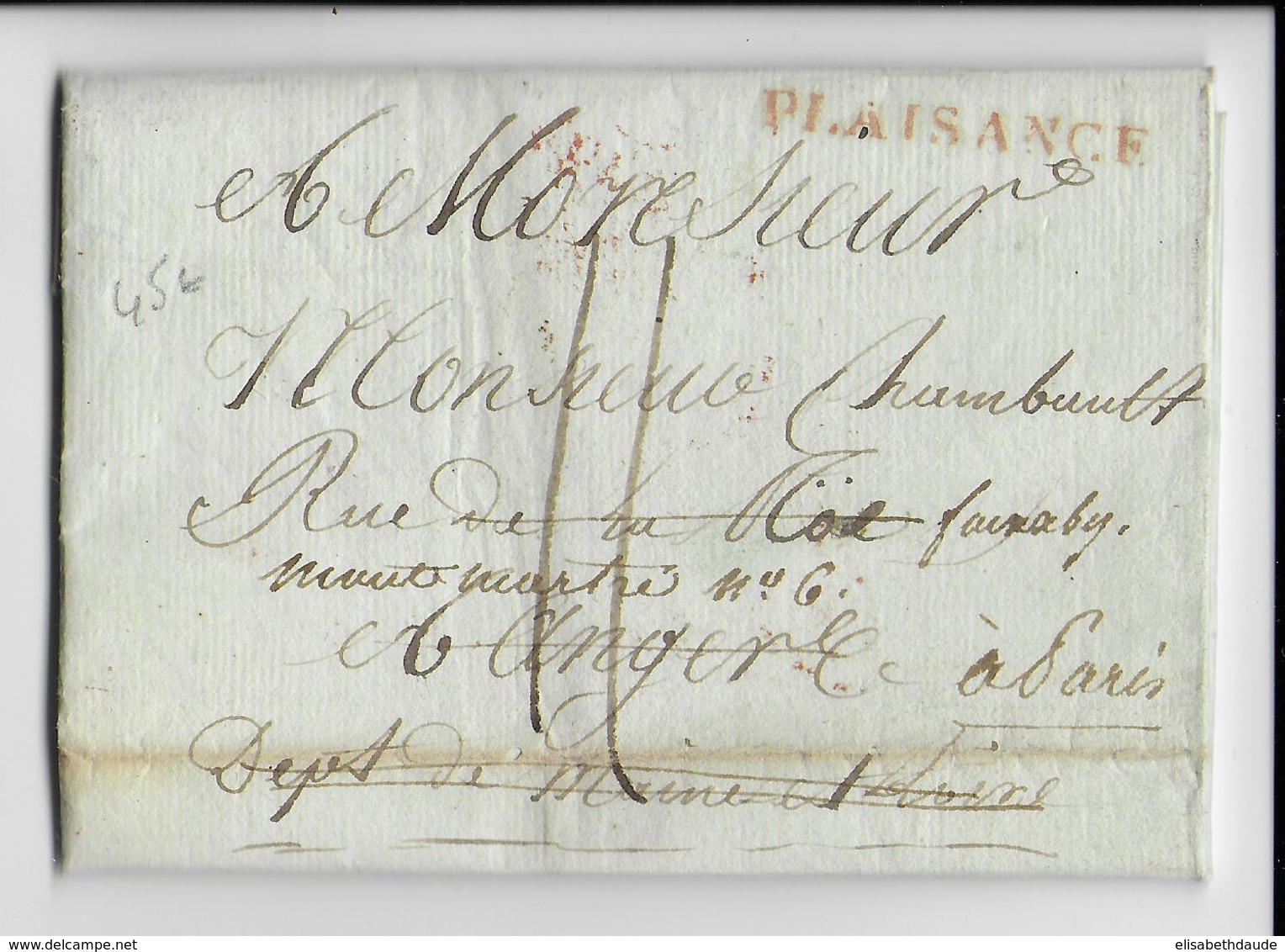 ITALIE - 1808 - DEBOURSE ROUGE De ANGERS Au DOS D'une LETTRE De PLAISANCE Avec MARQUE LINEAIRE FRANCAISE ROUGE - 1792-1815: Conquered Departments