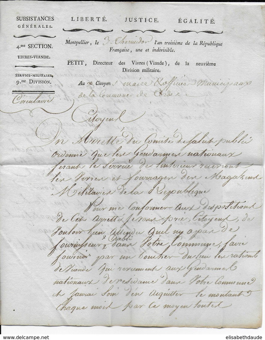 AN 3 - LETTRE SERVICE MILITAIRE Du DIRECTEUR Des VIVRES (VIANDE) De La 9° DIVISION à MONPELLIER (HERAULT) - Bolli Militari (ante 1900)