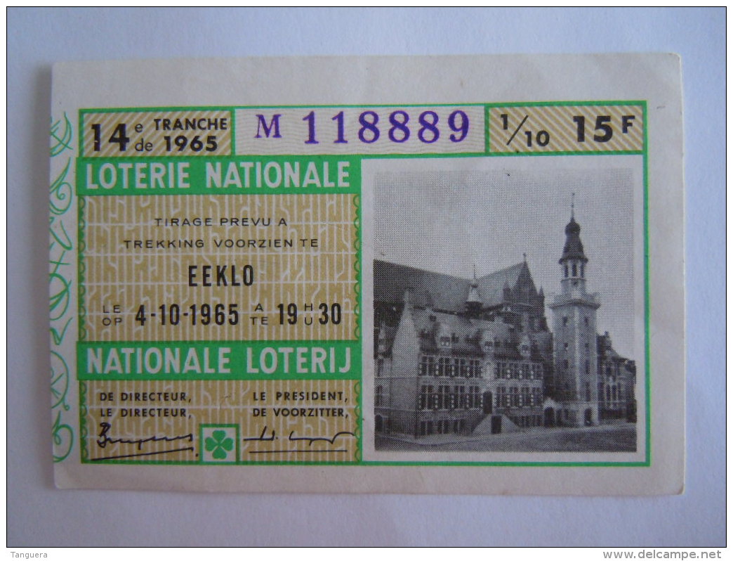 Belgie Belgique Loterie Nationale Loterij Eeklo 1965 14 E De Tranche - Billets De Loterie