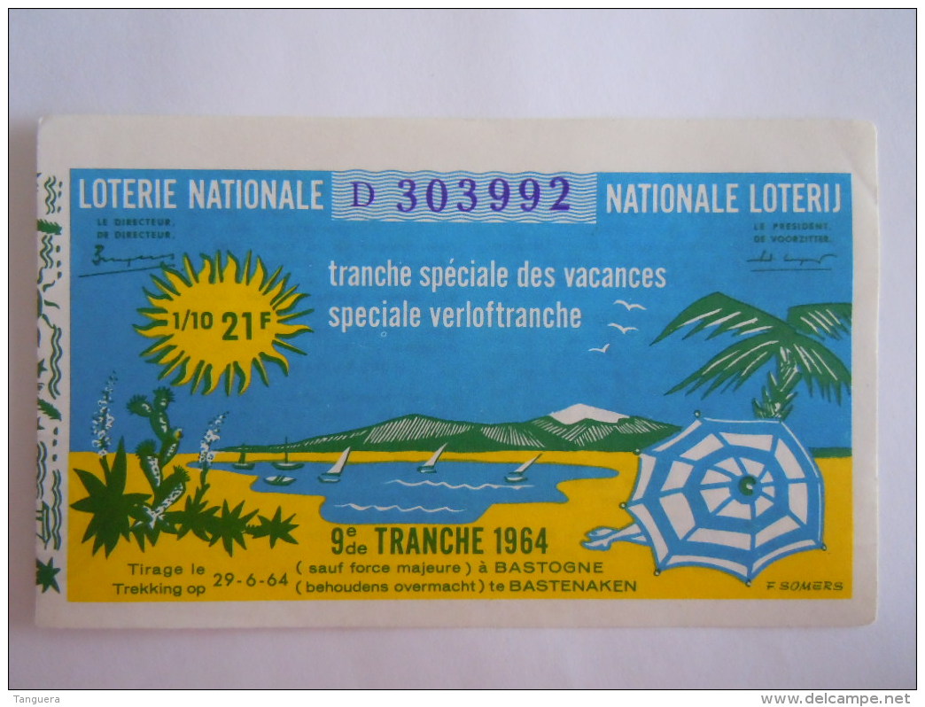 Belgie Belgique Loterie Nationale Loterij Tranche Speciale Des Vacances Verloftranche Bastogne 1964 9 E De Tranche - Billets De Loterie