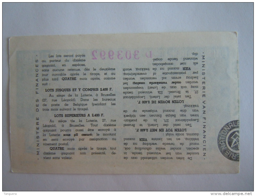 Belgie Belgique Loterie Nationale Loterij Tranche Speciale Des Vacances Verloftranche Bastogne 1964 9 E De Tranche - Billets De Loterie