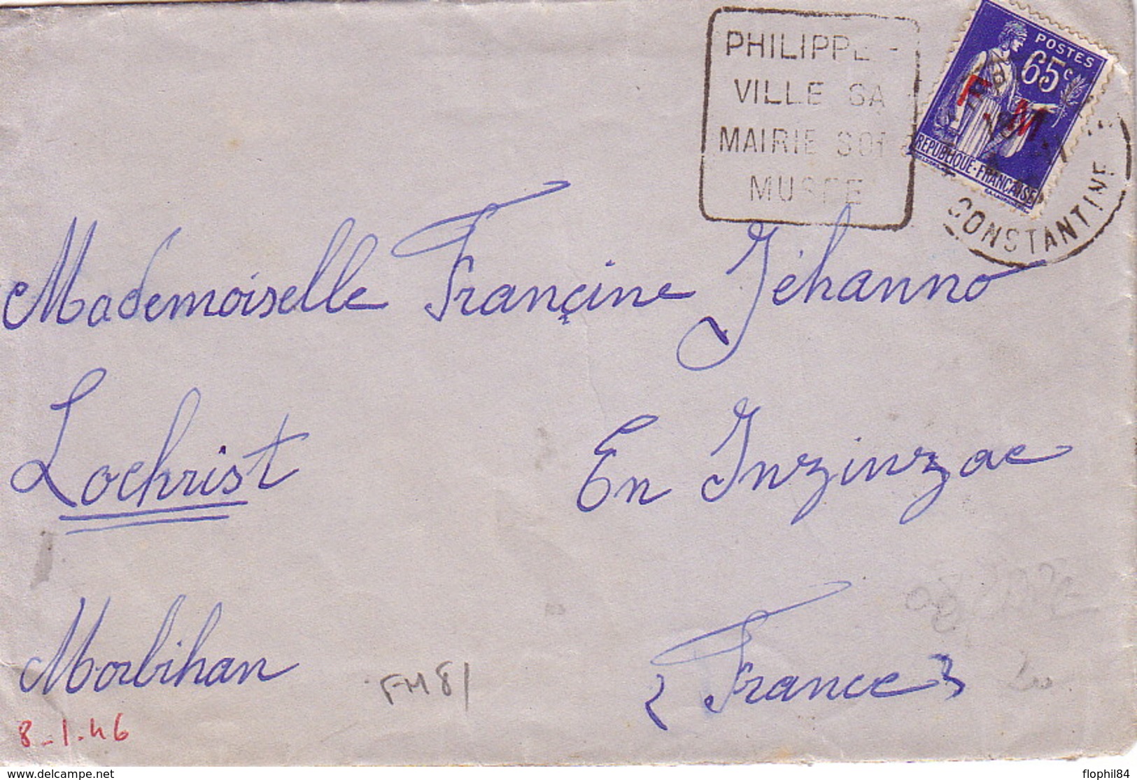 ALGERIE - PHILIPPEVILLE / SA MAIRIE / SON MUSEE - DAGUIN - TYPE PAIX -  SURCHARGE FM - LE 8-11-1938. - Guerre D'Algérie