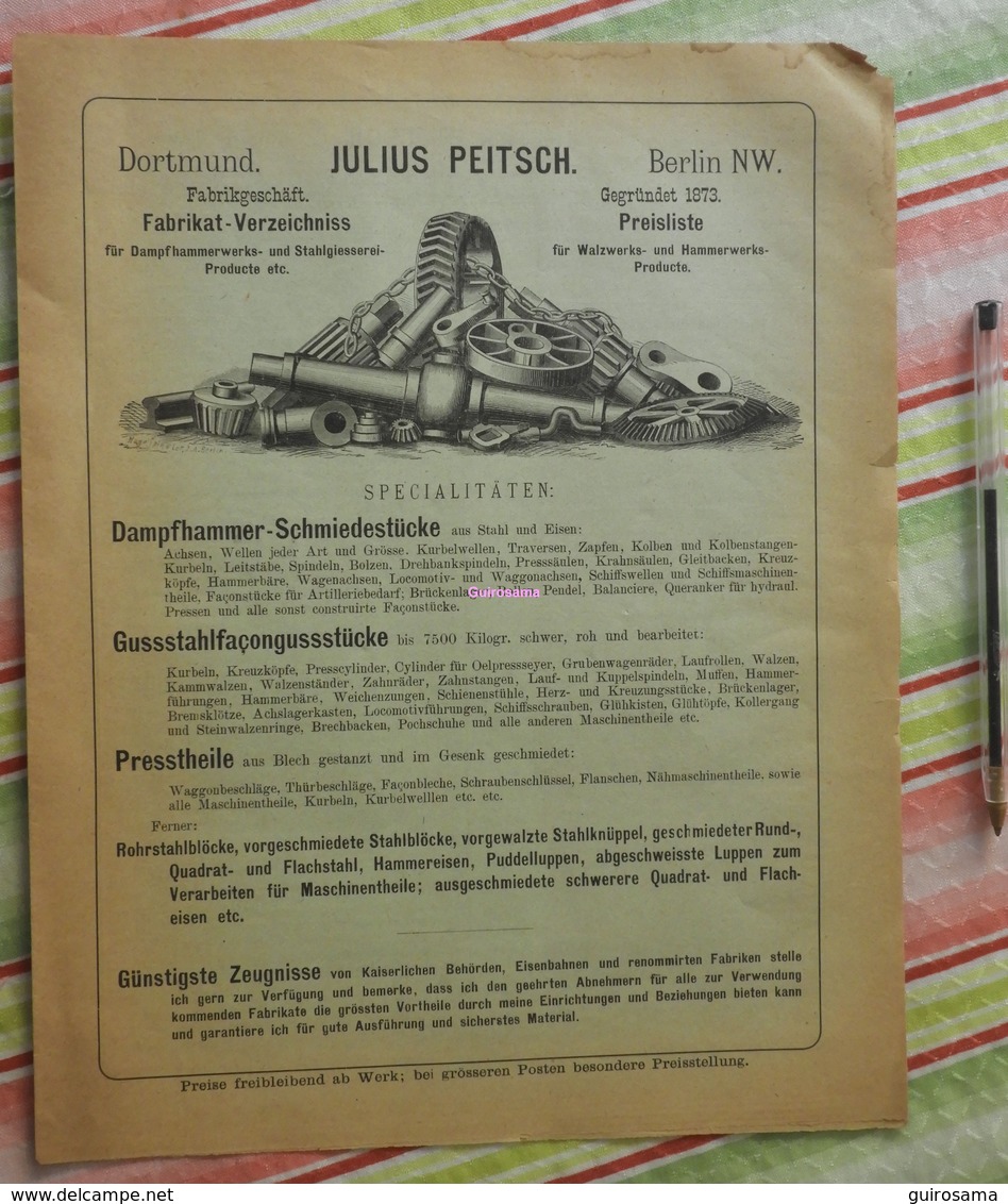 Julius Peitsch Dortmund/Berlin - Fabrikat Für Dampfhammerwerks - Preislist - 1884 - 1800 – 1899