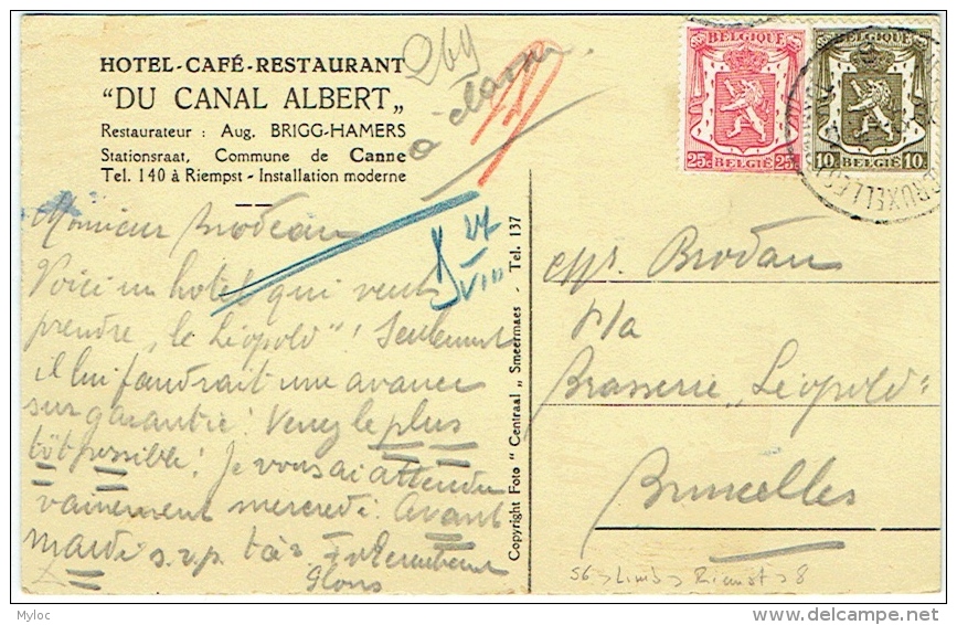 Riempst. Hôtel-Restaurant "Du Canal Albert". Commune De Canne. - Riemst