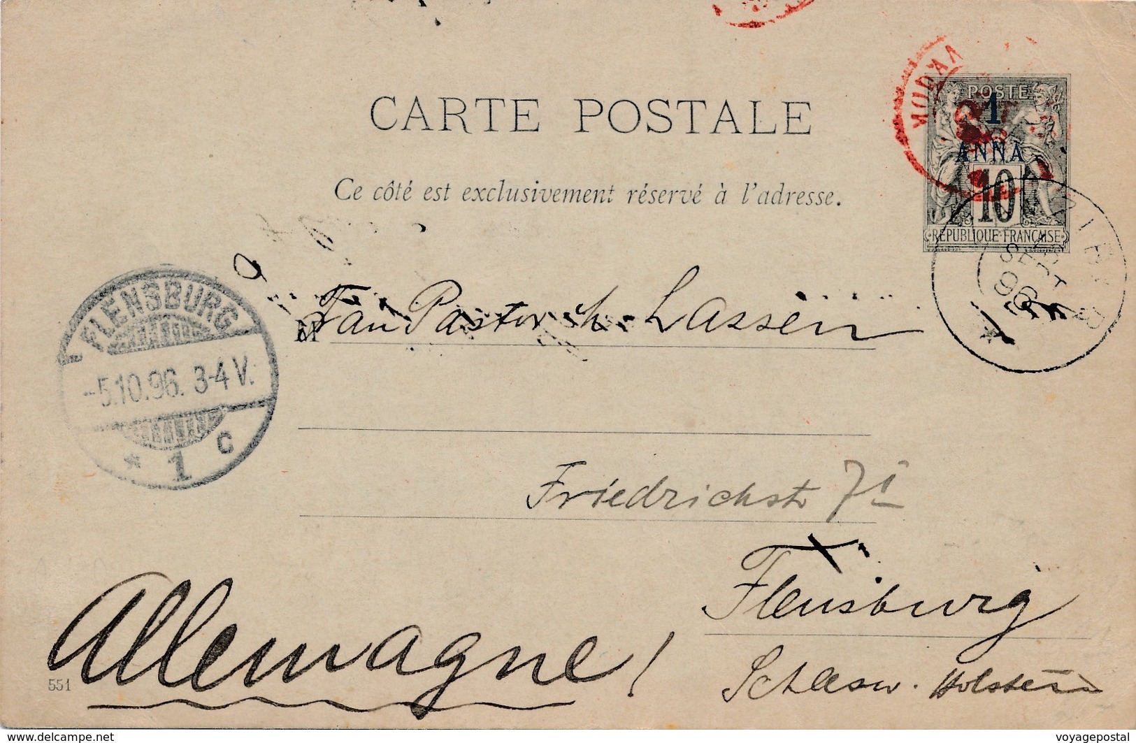 Entier Zanzibar Surcharge 1 Anna + Cachet Rouge Modane A Paris Pour Flensburg - Covers & Documents