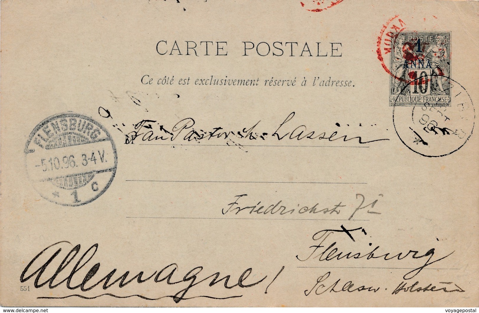 Entier Zanzibar Surcharge 1 Anna + Cachet Rouge Modane A Paris Pour Flensburg - Lettres & Documents