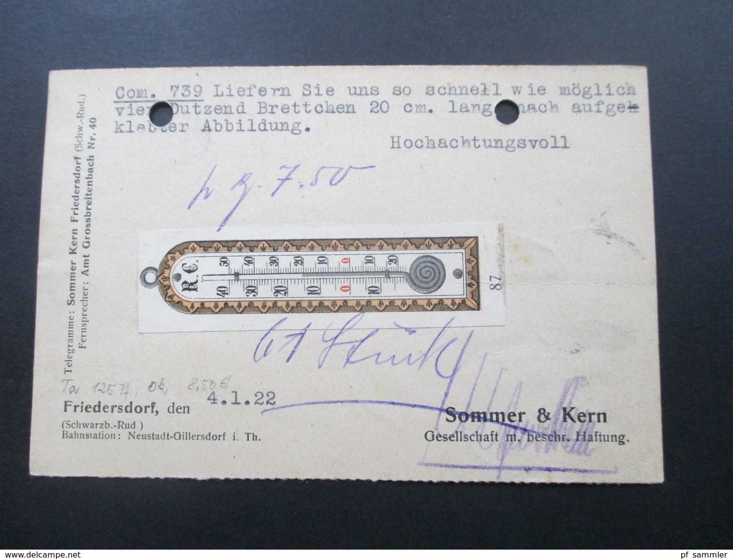 DR Infla Ziffer MeF Firmenkarte Bestellung Von Holz Brettchen Für Thermometer. Mit Abbildung / Aufkleber - Briefe U. Dokumente