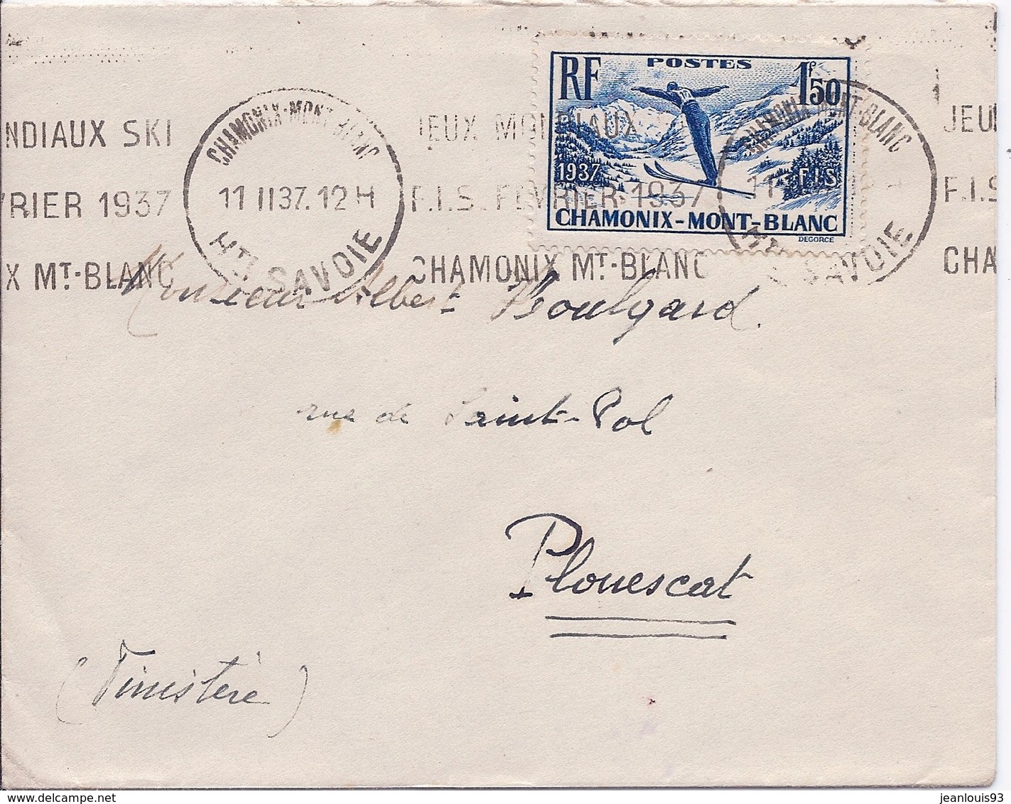 FRANCE - 334 SKI SUR LETTRE CHAMONIX POUR PLOUESCAT 1937 FLAMME DU CHAMPIONNAT - Lettres & Documents