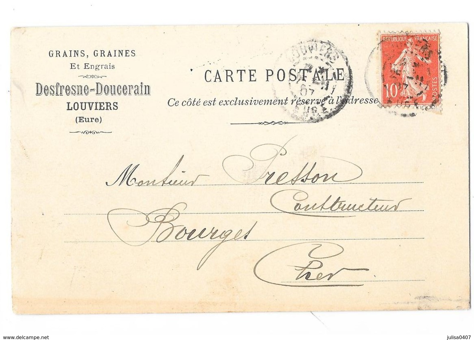 LOUVIERS (27) Carte Commerciale Publicitaire Grains Desfrene Doucerain 1907 - Louviers