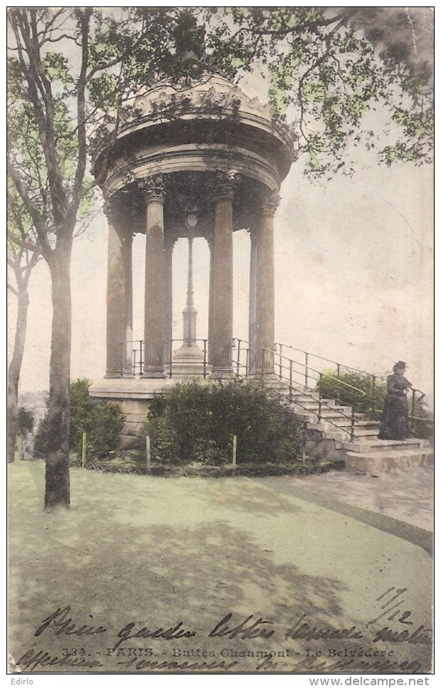 ***  75  ***  PARIS  Buttes Chaumont Le Belvedere Précurseur Colorisé Superbe - Timbrée - Parchi, Giardini