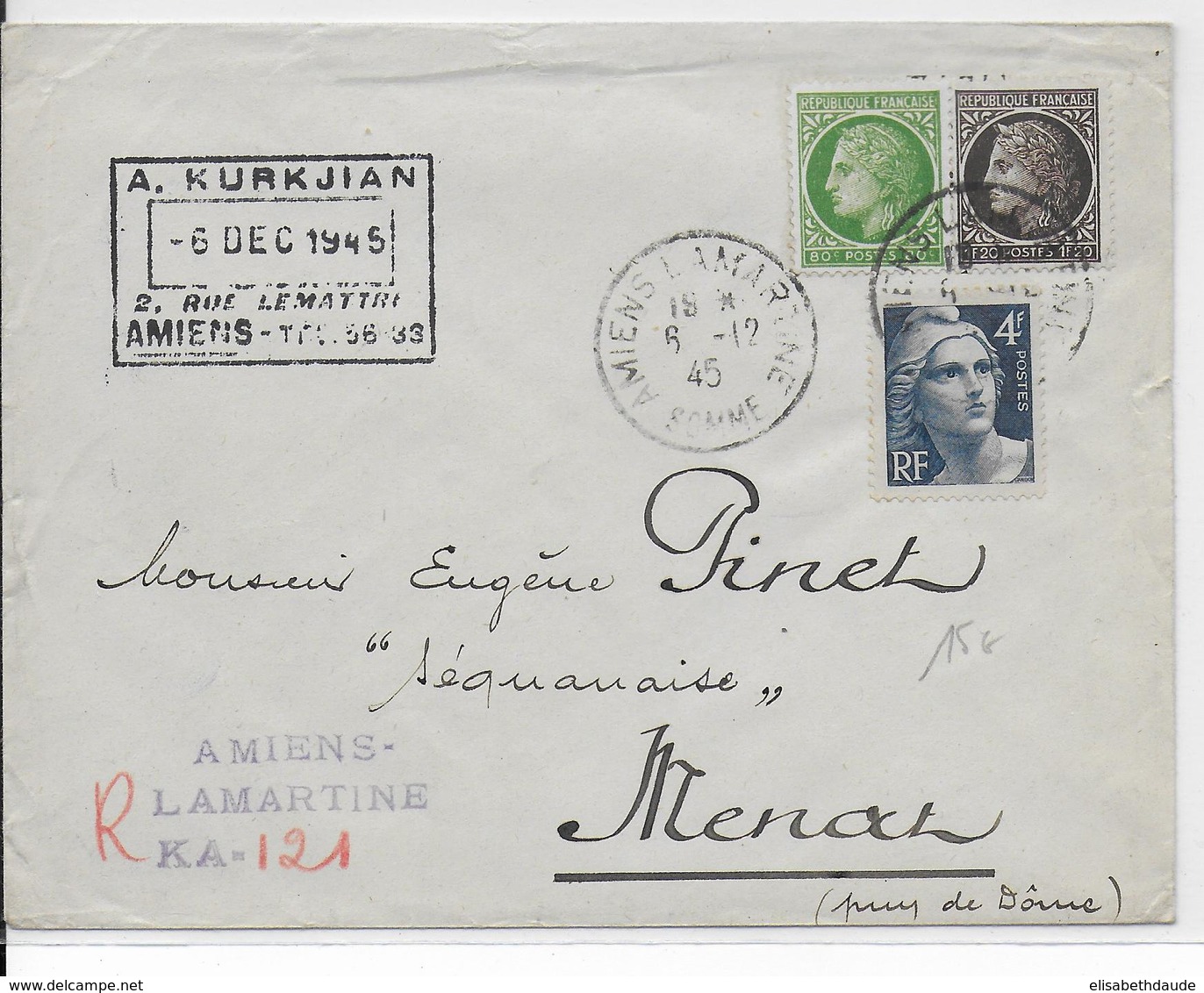 RECOMMANDE PROVISOIRE - 1945 - LETTRE De AMIENS (SOMME) => MENAT - GANDON + MAZELIN - 1921-1960: Période Moderne